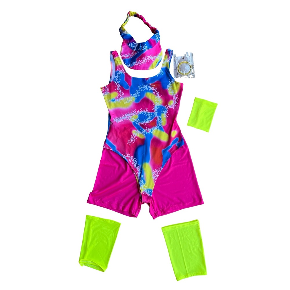 80s 90s Neon Aerobic Costume Set Bodysuit Shorts Visor Halloween Rollerblader
